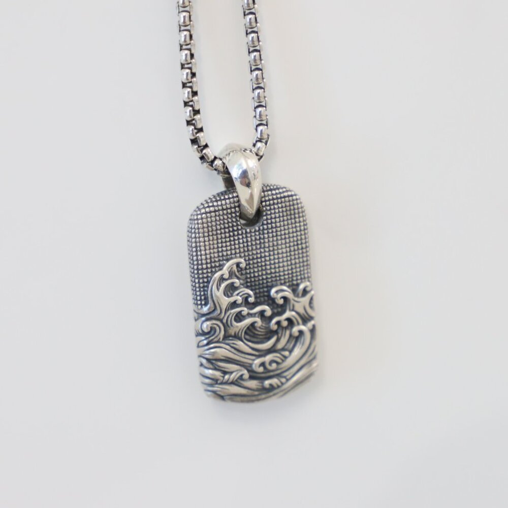 David Yurman Sterling Silver 35mm Waves Dog Tag Pendant with 22" Box Necklace